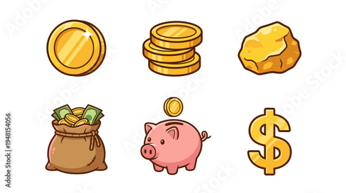 Cartoon Coin Collection: Savings, Investments, and Financial Growth Icons - Managing Finances and Building Wealth with Piggy Banks, Gold Nuggets, Treasure Bags, and Dollar Symbols - Business, Money