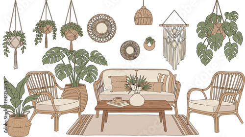 Bohemian Interior Design Vector Set Featuring Rattan Furniture Monstera Houseplants Macrame Wall Hanging and Cozy Living Room Decor Elements for Home Styling