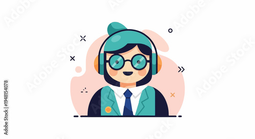 Cheerful cartoon person wearing headphones, glasses, and a tie on abstract background