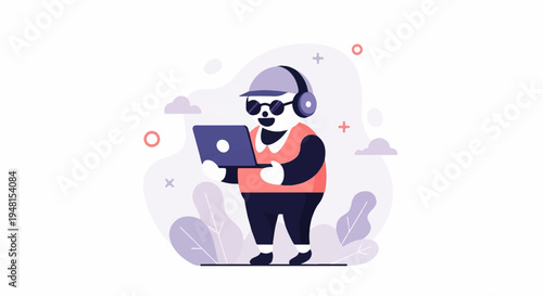 Cheerful cartoon character in headphones and sunglasses using a laptop