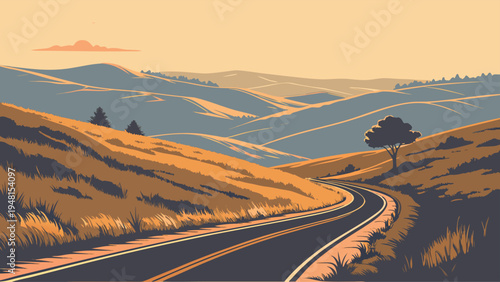 Scenic Winding Road Through Mountain Landscape in Vintage Flat Vector Style