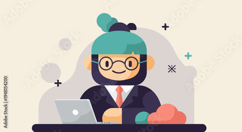 Cheerful cartoon character in suit with laptop and cloud icons