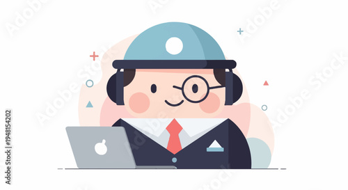 Cheerful cartoon character in suit with headset and laptop, abstract shapes