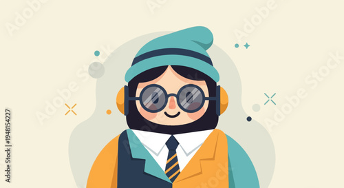 Cheerful cartoon character wearing a beanie, glasses, and a colorful suit