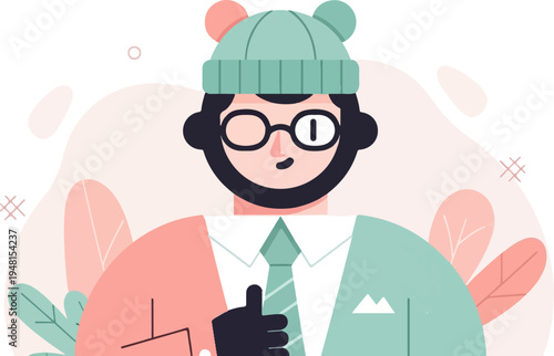 Cheerful cartoon character in winter hat and coat, giving a thumbs up