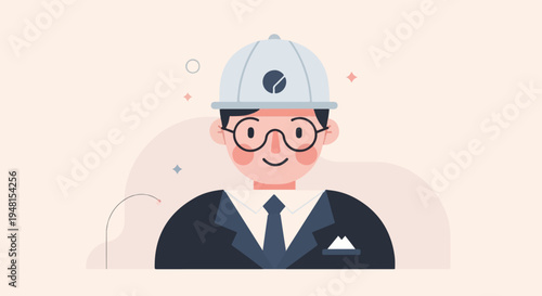 Cheerful person in hard hat and suit, flat illustration