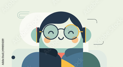 Cheerful cartoon character wearing glasses and headphones, enjoying music