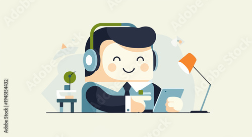 Cheerful man with headphones and tablet at desk with lamp