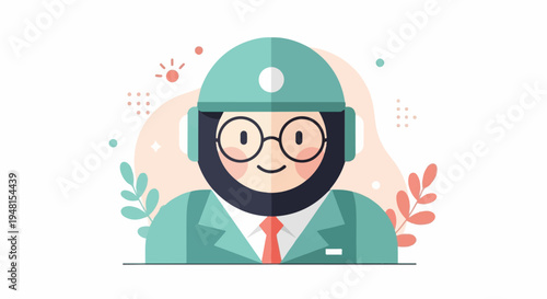 Cheerful cartoon character with glasses and a teal helmet, wearing a suit