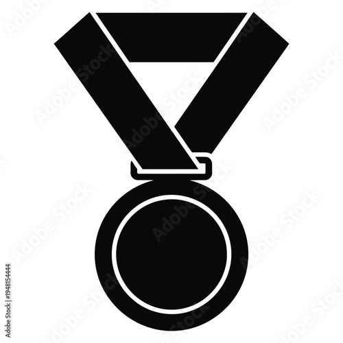 A flat black silhouette icon of a circular award medal suspended by a ribbon for achievement
