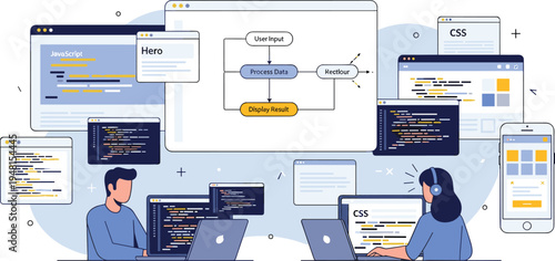 Software Development Team Working on Web Programming and Full Stack Engineering with JavaScript CSS and Code Flowchart Visualization for Tech Industry Vector