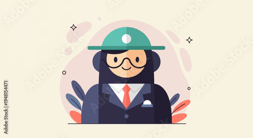 Cheerful, masked figure in suit and hat, surrounded by abstract floral shapes