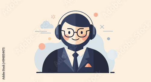 Cheerful, bespectacled individual wearing headphones and a suit, abstract shapes in background