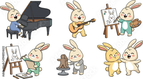 Kawaii Chibi Bunny Hobby Character Set with Cute Rabbits Playing Piano Guitar Painting on Easel and Sculpting Vector Illustration Collection (20 words)