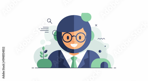 Cheerful business person with glasses and tie surrounded by abstract shapes