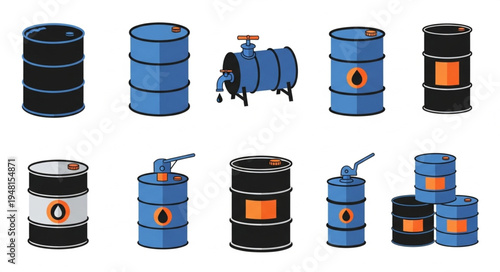 Collection of Oil Drums and Tanks in Blue and Black.