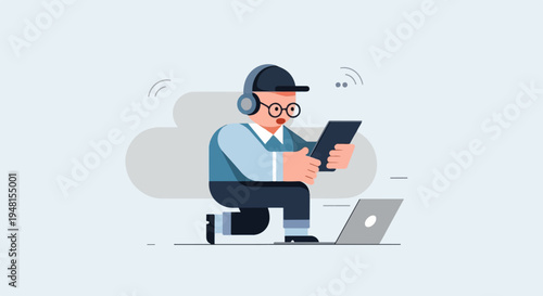 Character wearing headphones and glasses, engrossed in a tablet device, near a laptop and cloud