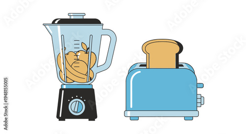 Blender with Fruit and Blue Toaster Vector Illustration