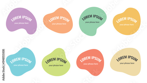 Set of colorful organic liquid blobs with placeholder text. Abstract irregular amoeba shapes for badges, social media stickers, and creative labels.