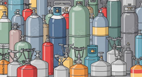 Colorful Array of Gas Cylinders - A Detailed Illustration.