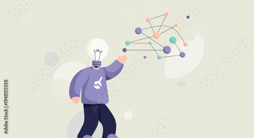Character with a lightbulb head manipulates an abstract network of colorful dots