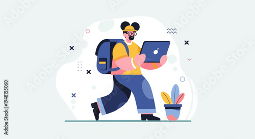 Character with backpack using laptop, surrounded by abstract shapes and plants
