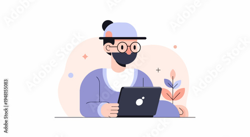 Character with glasses and mask works on a laptop with stylized plant background