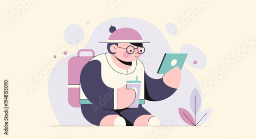 Character with glasses, backpack, and drink uses tablet, abstract background