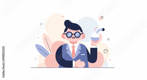 Cartoon scientist in suit holding a flask with blue liquid, soft colors