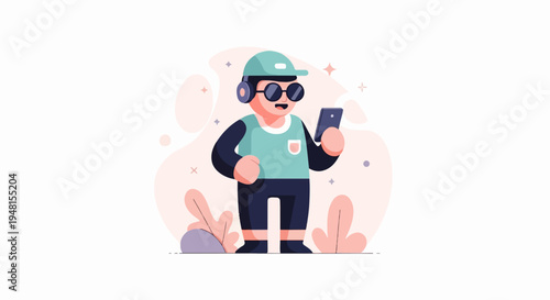 Character with headphones and sunglasses looking at a phone