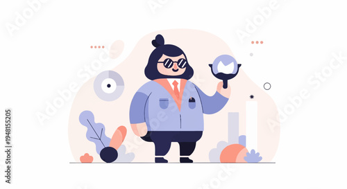 Cartoon scientist examines with magnifying glass against abstract backdrop