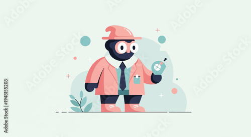 Cartoon scientist in pink lab coat holds futuristic device