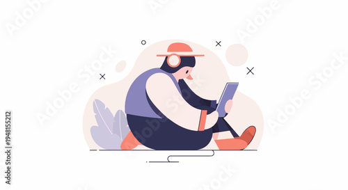 Character with headphones and tablet on a minimalist background