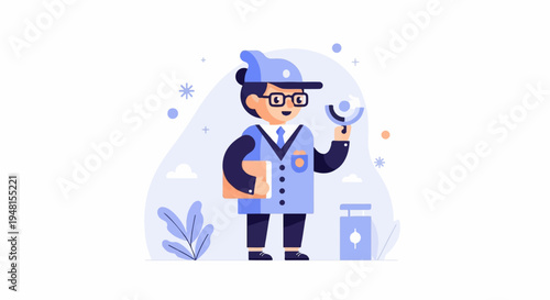 Cartoon scientist with magnifying glass and notebook, in blue outfit