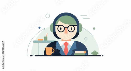 Character with headphones sits at a desk with coffee and books