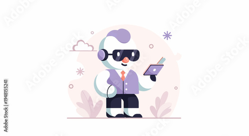 Cartoon snowman character in business attire holding a tablet and wearing headphones