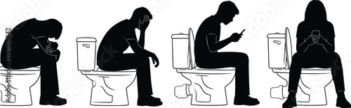Black silhouette illustrations of people sitting on toilets in contemplative and smartphone‑using postures, ideal for modern habits, lifestyle, or humorous design themes.