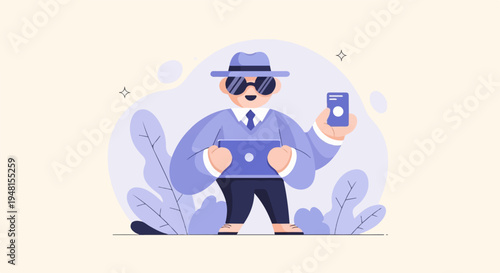 Cartoon spy in hat and sunglasses holding laptop and phone, with plants