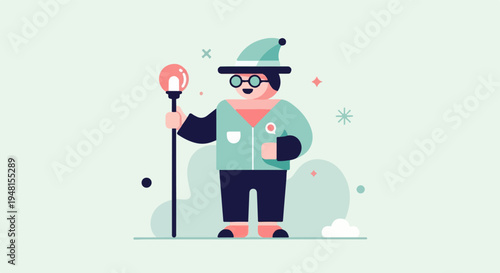Cartoon wizard character with a staff and wearing a pointed hat