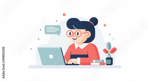 Cartoon woman in glasses using a laptop with chat bubble and plants
