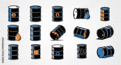 Collection of Oil Barrels with Various Designs and Perspectives.