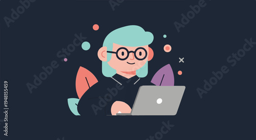 Cartoonish person with light blue hair and glasses working on a laptop