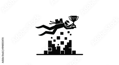 skier jumping over cityscape with trophy
