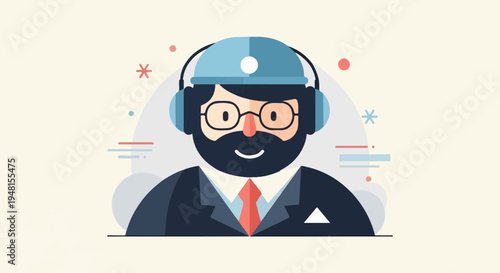 Cheerful, bearded man in headphones and suit, cartoon style