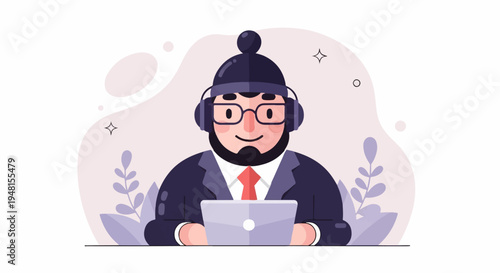 Cheerful bearded man in suit and headphones at laptop