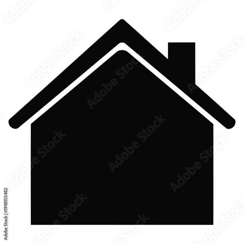 A minimalist black and white icon depicting a simple house structure with a single chimney stack