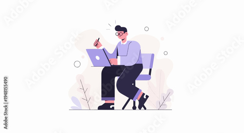 Cartoonist at desk with laptop and stylus, creating art