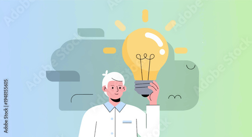 Character holding a lit lightbulb, symbol of inspiration and innovation