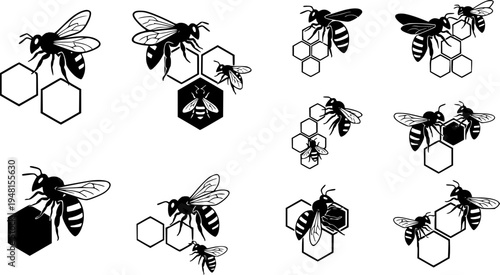 Bee on honeycomb icon set. Flying bee route. Honeybee animal in flat style. Flow honey with bumblebee. Natural food. Vector illustration.
