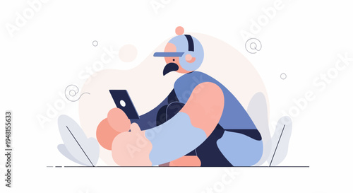 Character in a baseball cap wearing headphones, holding a smartphone, surrounded by decorative elements